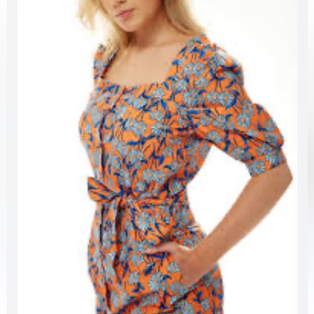 Liquorish NWT SZ 10 Floral Orange & Blue belted midi‎ shirtdress View 2